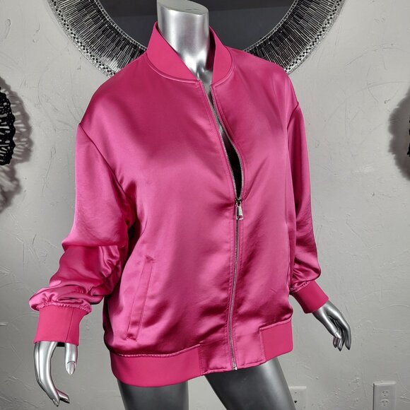 EXPRESS~SZ L~BRIGHT PINK SATIN LIKE FULL ZIP RUCHED SLEEVE BOMBER JACKET COAT - Picture 4 of 16